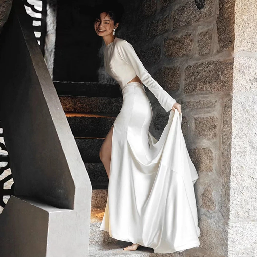 Two Pieces Wedding Dresses O-Neck Satin Mermaid Boho Wedding Dress Backless Sexy Bridal Dresses customized