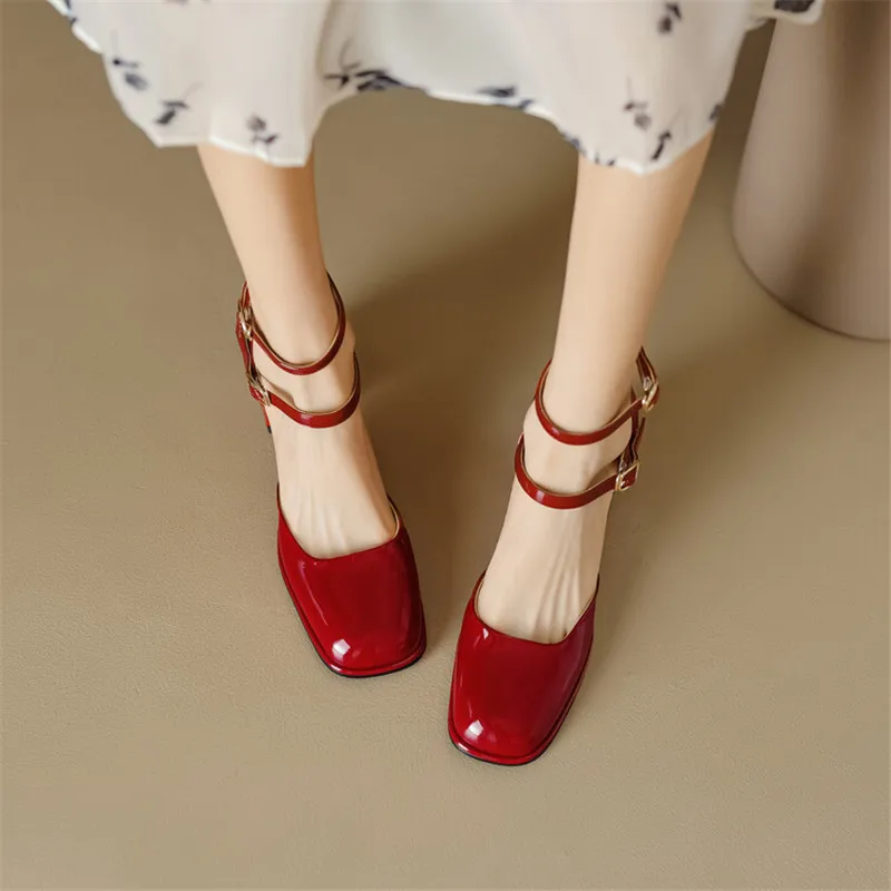 Patent Leather Summer Sandals Shoes for Women Cover Toe Sandals French Square Toe Chunky Heel Women Shoes Zapatos Mujer Handmade