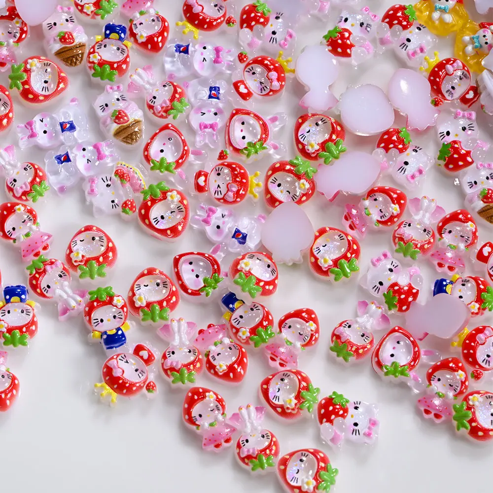 50 個かわいいイチゴヘッド KT 猫ネイルアートチャーム 3D イチゴハローキティネイルアート装飾グリッター樹脂 DIY ラインストーン