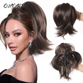 OLACARE الاصطناعية مستقيم Chignon فوضوي رقيق كعكة الشعر مخلب كليب في وصلات شعر للنساء شعر مستعار Scrunchy