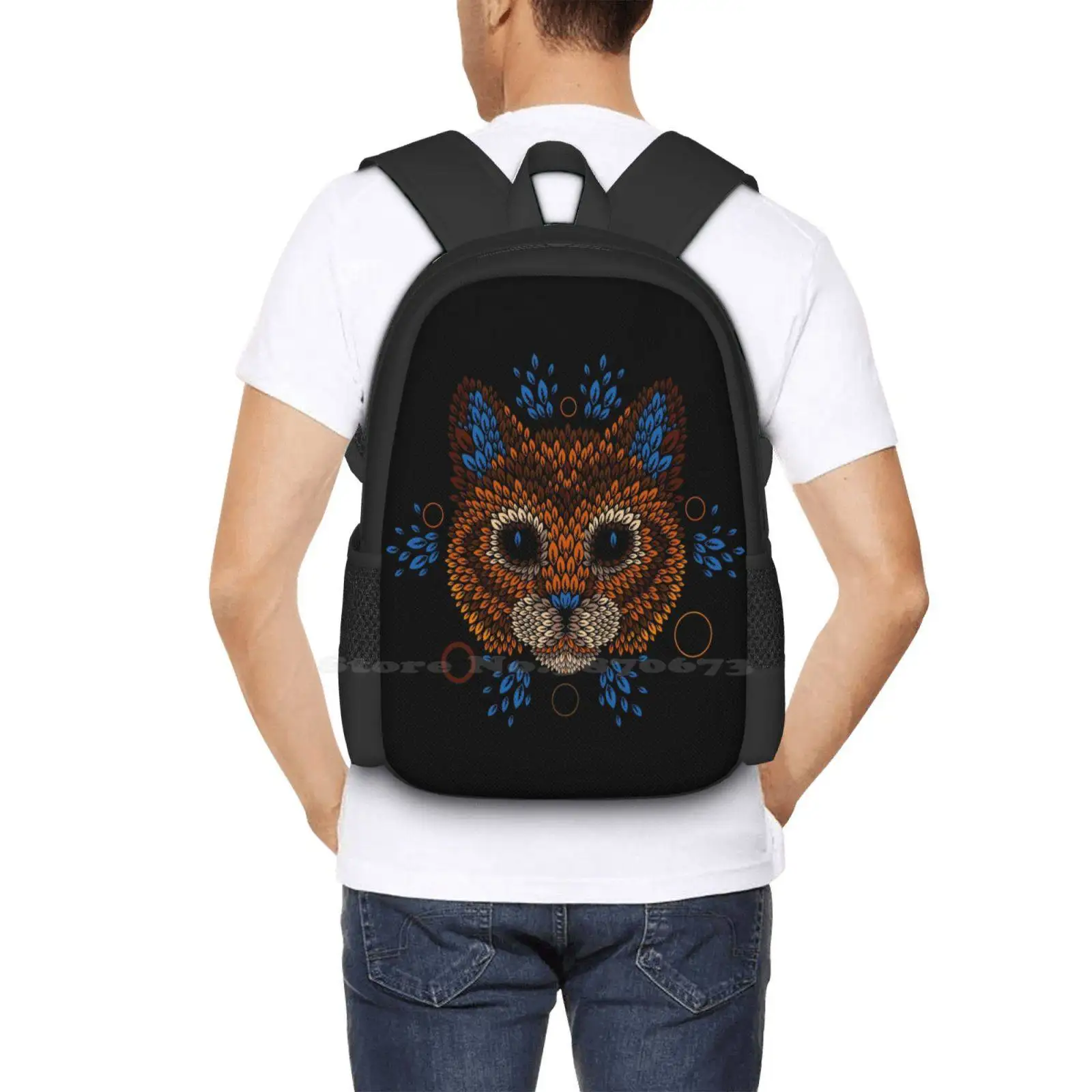 Cat Face 3D Print Design Backpack Student Bag Cats Vector Animal Nature Pattern Geometric Leaves Leaf Kitty Kitten Cute Paws