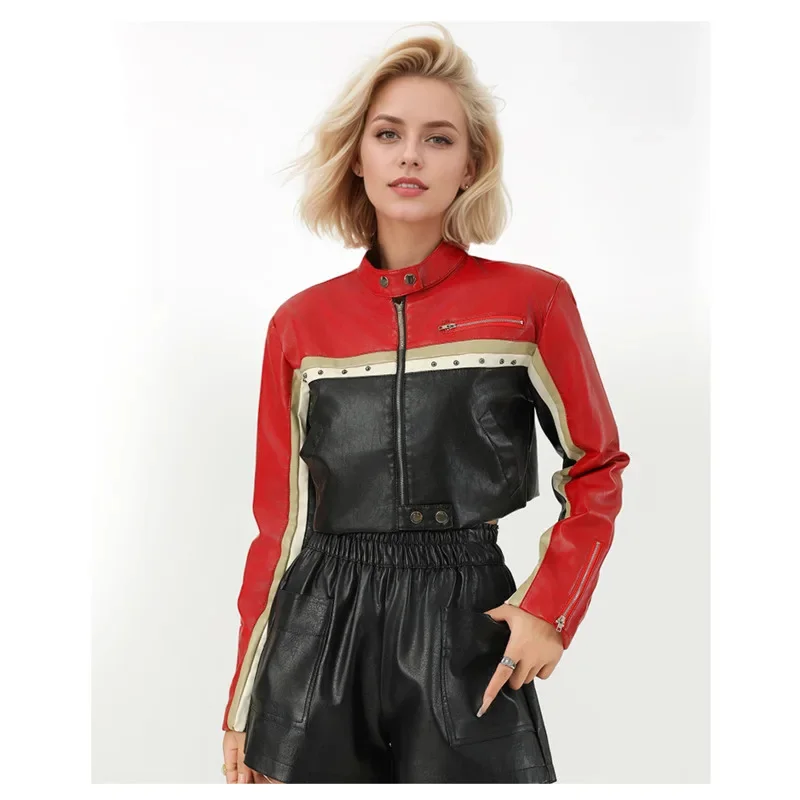 Cool Handsome Motorcycle Style Hot Girl Waist Jacket Contrast Splicing PU Leather Short Jacket New Fashion Women's Zipper Coat