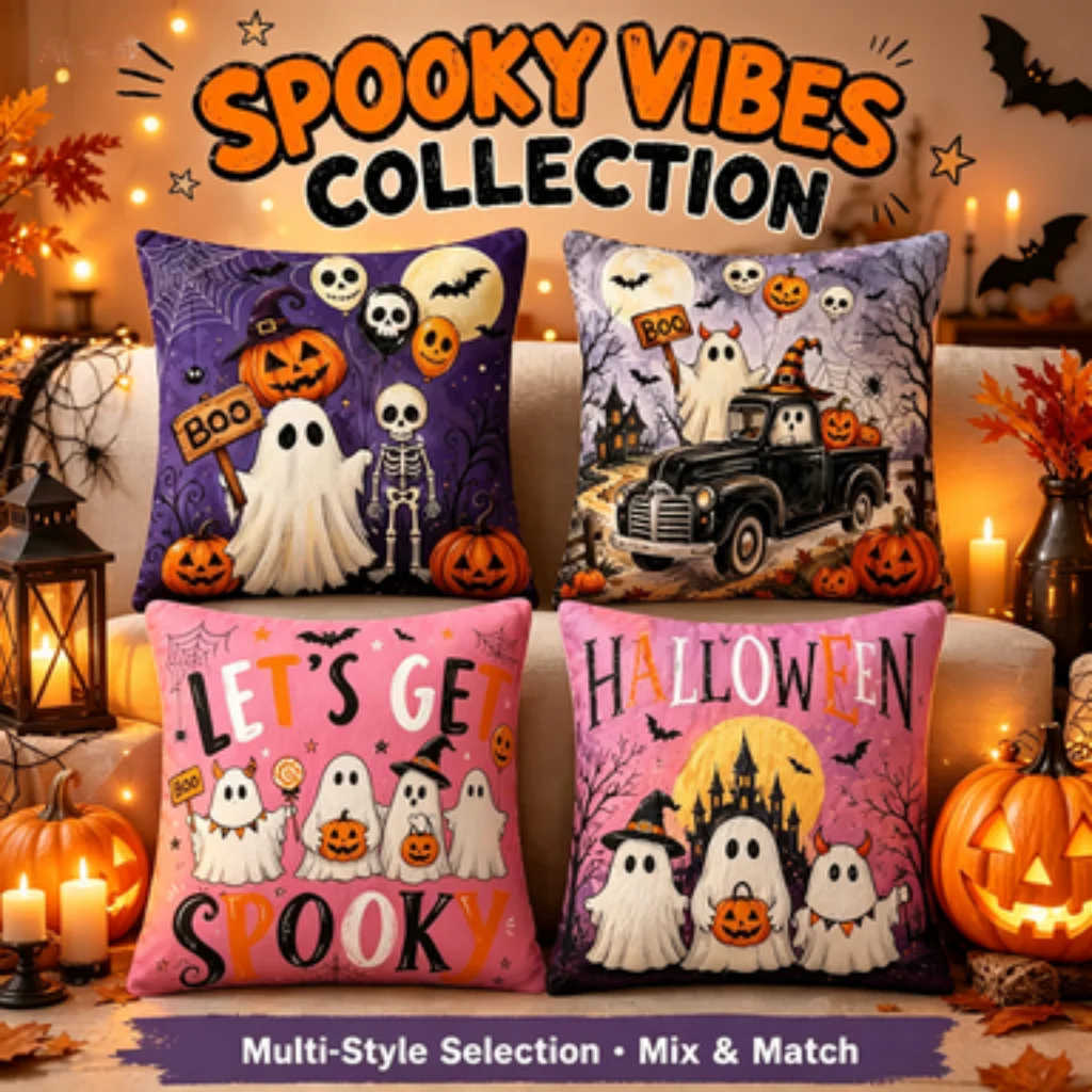 Spooky Ghost Pillow Cover 4-Pack No Insert, Watercolor Pumpkin Skull Truck Cushion Cover, Living Room Party Pillow Case.
