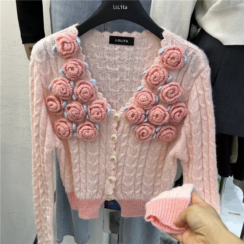 

Women's Elegant Autumn Winter 3d Flowers Sweet Long Sleeve Slim Short Cardigan Lady Cute Floral V Neck Single Breasted Cardigan