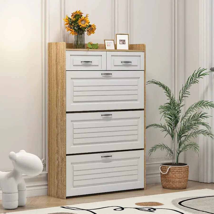 

1250 White +Oak Color shoe cabinet with 3 doors 2 drawers PVC door with shape large space for storage
