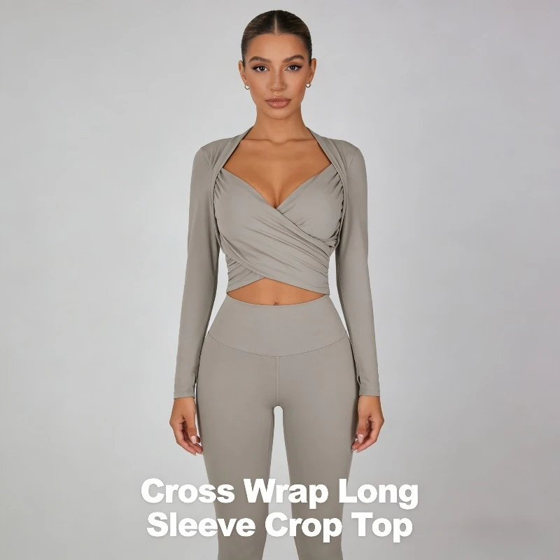 

2026 Новый женский костюм для йоги со встроенным бюстгальтером. Высококачественная тренировочная облегающая одежда для бега с длинными рукавами.