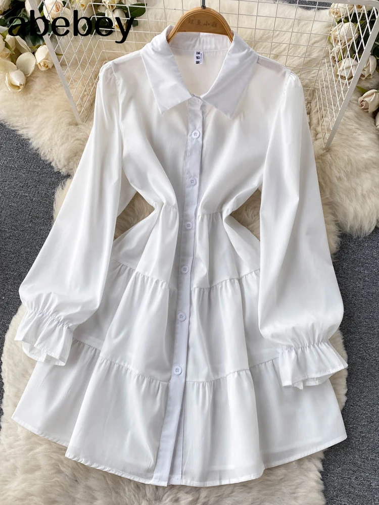 Autumn Fashion Dress Two Pieces Suits Ruff Sleeve White Shirt Dress+Mini Denim Camis Suits Women Streetwear Slim Set