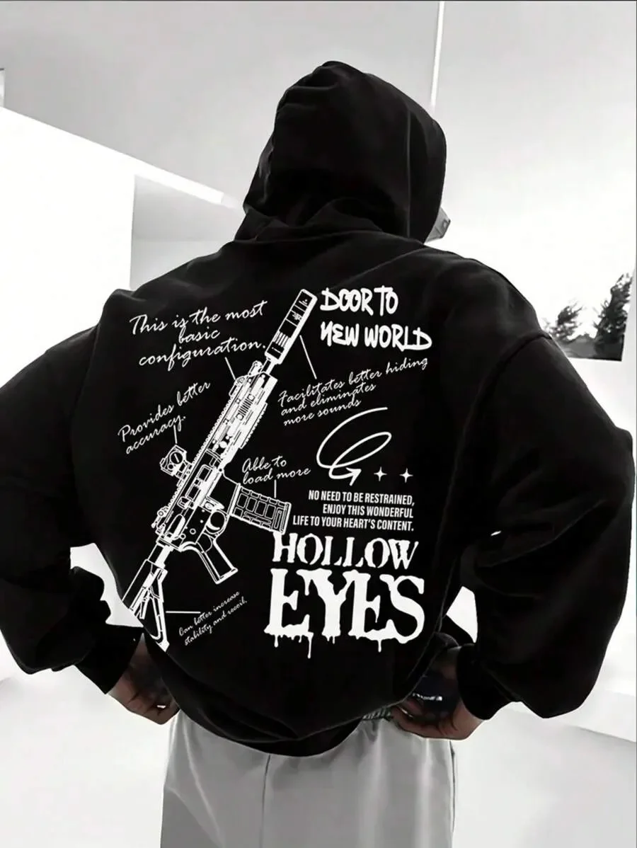 

Хлопковая толстовка с графическим рисунком в уличном стиле с изображением пистолета и вдохновляющими текстами, такие как ДВЕРИ НОВЫЙ СВЕТ и ХОЛЛОВЫЕ ОЧИИ