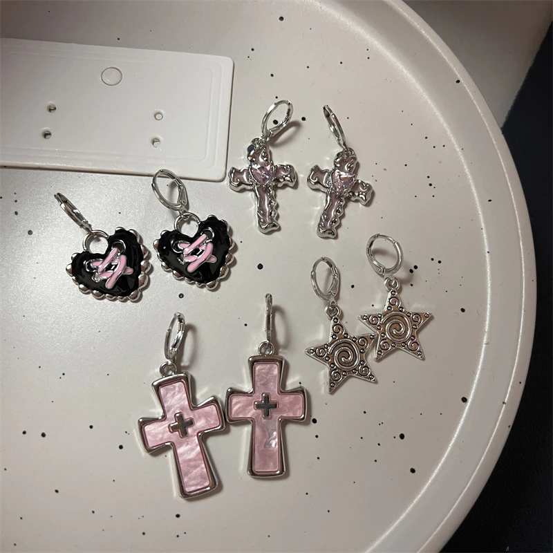 Pendientes cruzados de corazón y estrella de cristal rosa para mujer, moda coreana, pendientes colgantes para Piercing, joyería estética para fiesta