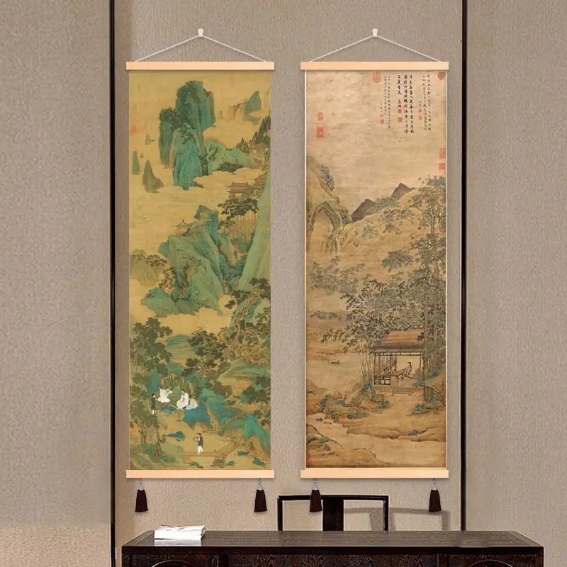 Aesthetic Room Decor Oriental Wabi-sabi Wall Scroll Set – Classical Pines & Mountains Art for Yoga Studio & Zen Study Tea Room