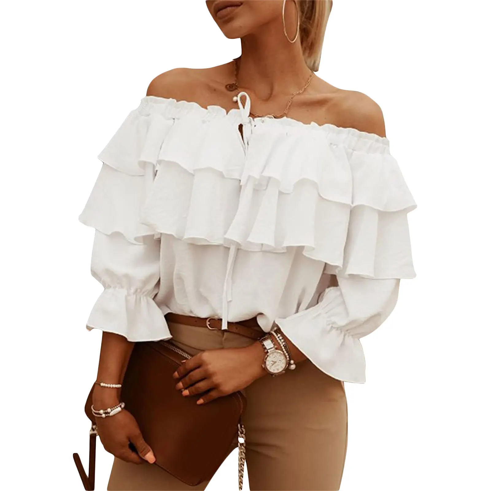 Chiffon Blouse Women\'s Elastic Shoulder Strap Ruffle Shirts Loose Solid Color Boat-Neck Off-Shoulder Half Sleeve Tie-Up Blouse