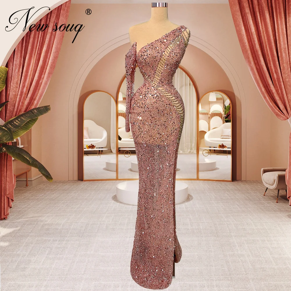 Modern Pink One Shoulder Evening Dresses Sparkly Sequins Mermaid Prom Dress Dubai Couture Wedding Party Gowns Vestido De Noche