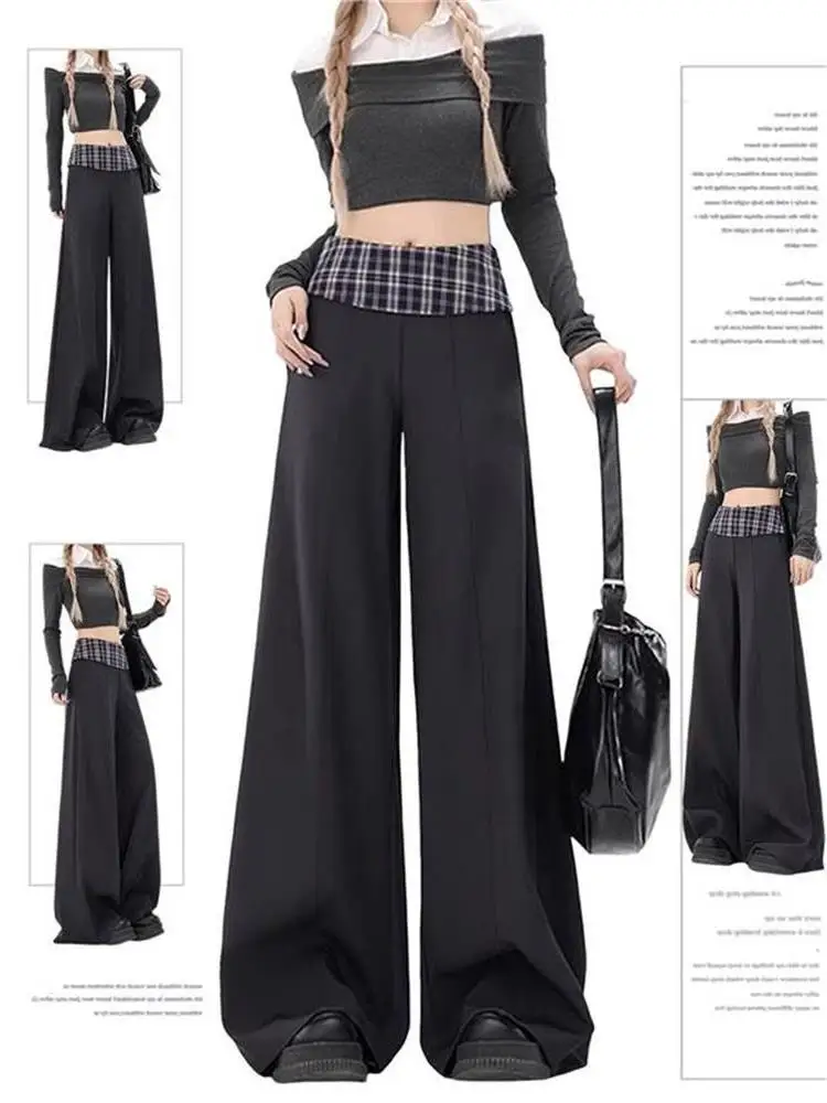 

Женские широкие брюки-палаццо в клетку с эффектом пэчворк, свободные, струящиеся, в пол, повседневные, весенняя коллекция, дизайнерские повседневные брюки