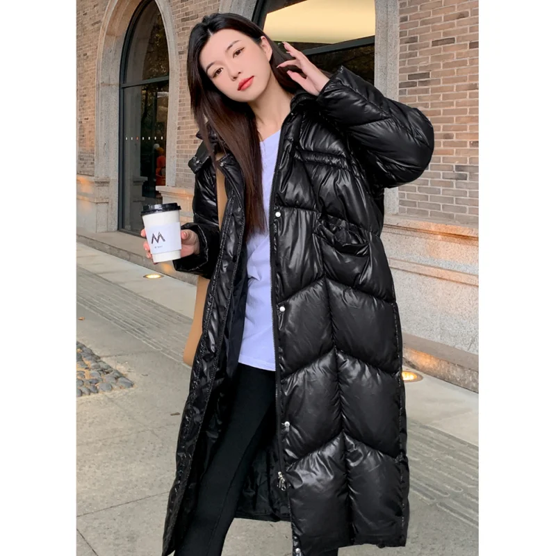 Women Black Medium Length Down Jacket White Hood Coat Fashion Windproof Thicken Duck Down Feather Female Solid Winter Outwear