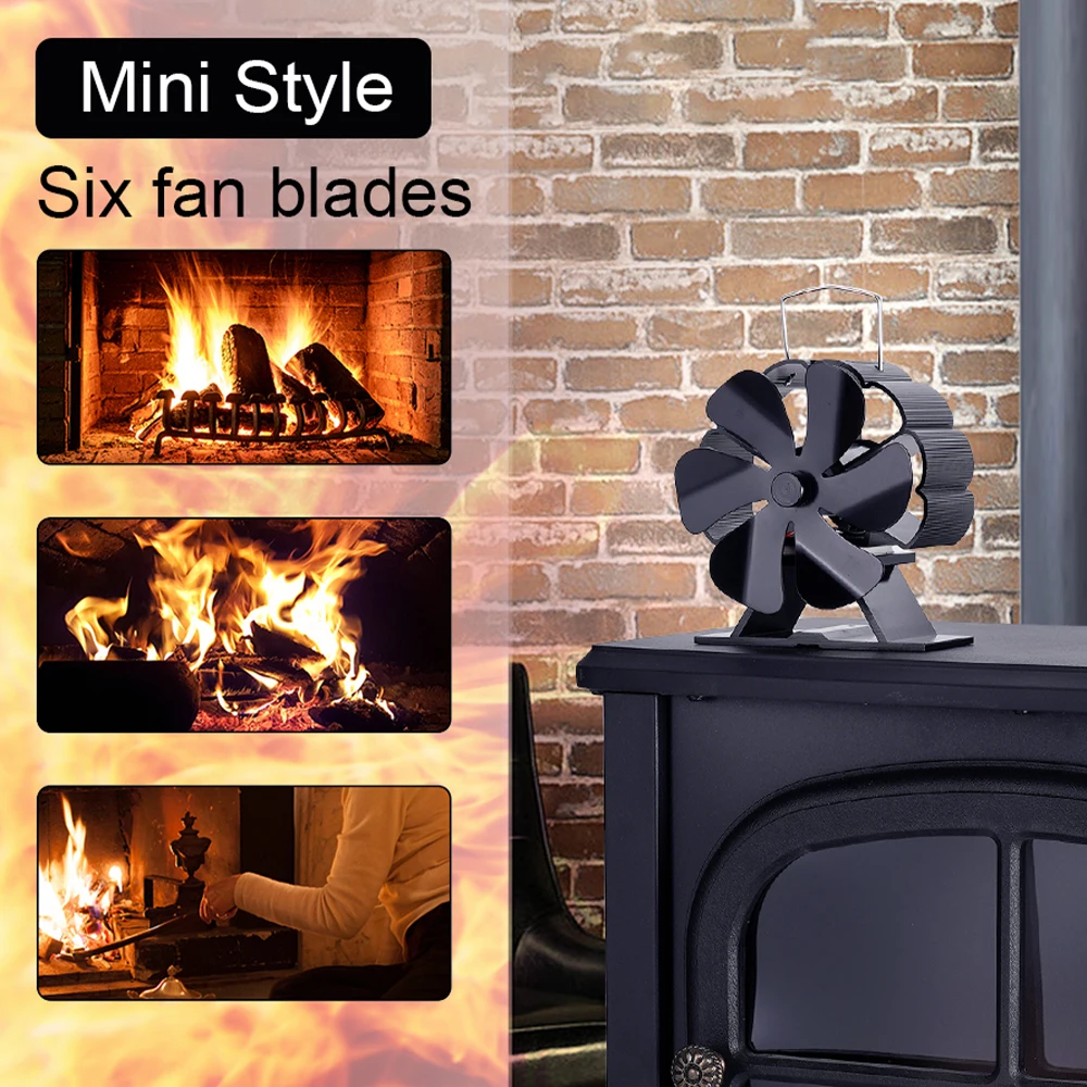 6 Blades Heat Powered Stove Fan Black Fireplace komin Log Wood Burner Eco Friendly Quiet Fan Home Efficient Heat Distribution