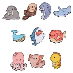Cartoon Sea Creatures Series Brooch Cute Shark Whale Seahorse Metal Badge Accessory Pins wholesale Gift to friends