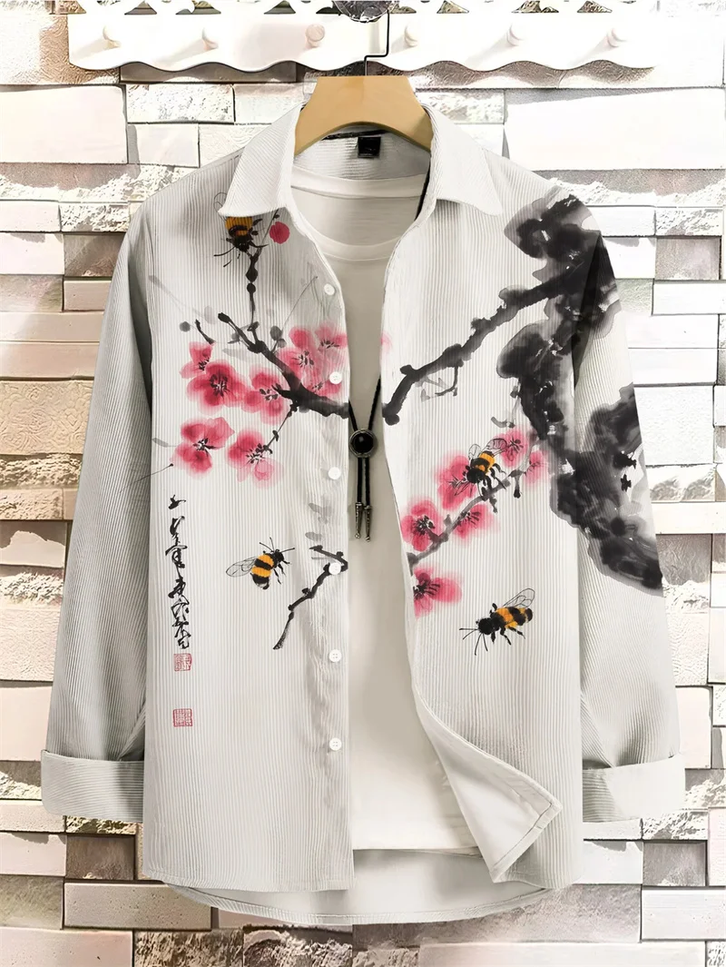 New Men's Long Sleeve Shirt Linen Shirt Vintage Flower Illustration Casual Loose High Quality Men's Kitten Clothing