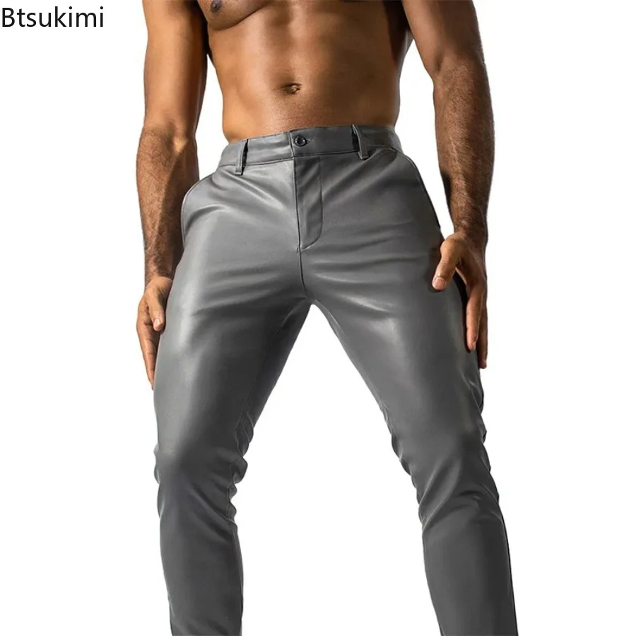 Neue Herren Frühling Herbst Modische PU-Lederhose Vintage Stretch Slim Fit Hose für Männer Lässige Einfarbige Lederhose