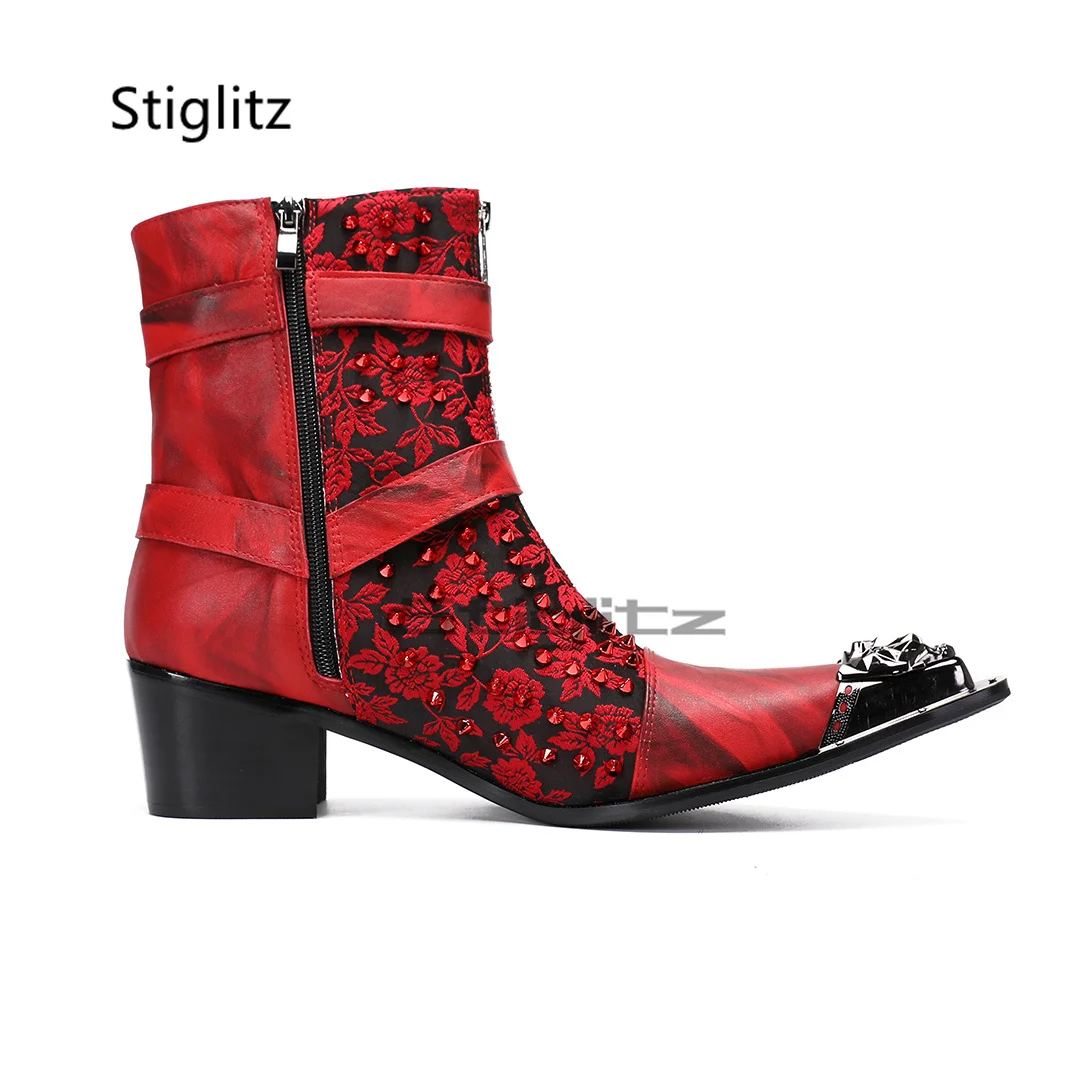 

Metal Pointed Toe Men's Boots Genuine Leather Red Embroidery Flowers Ankle Boots for Men Rivet Metal Buckle High Heels Male Shoe