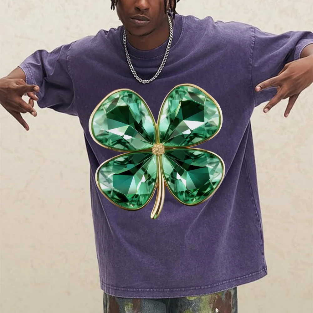 Y2k Graphic T-Shirt Jeweled Clover Print Lucky Sparkling and Eye-Catching Soft Cotton Fabric for Fortune-Themed Casual Looks
