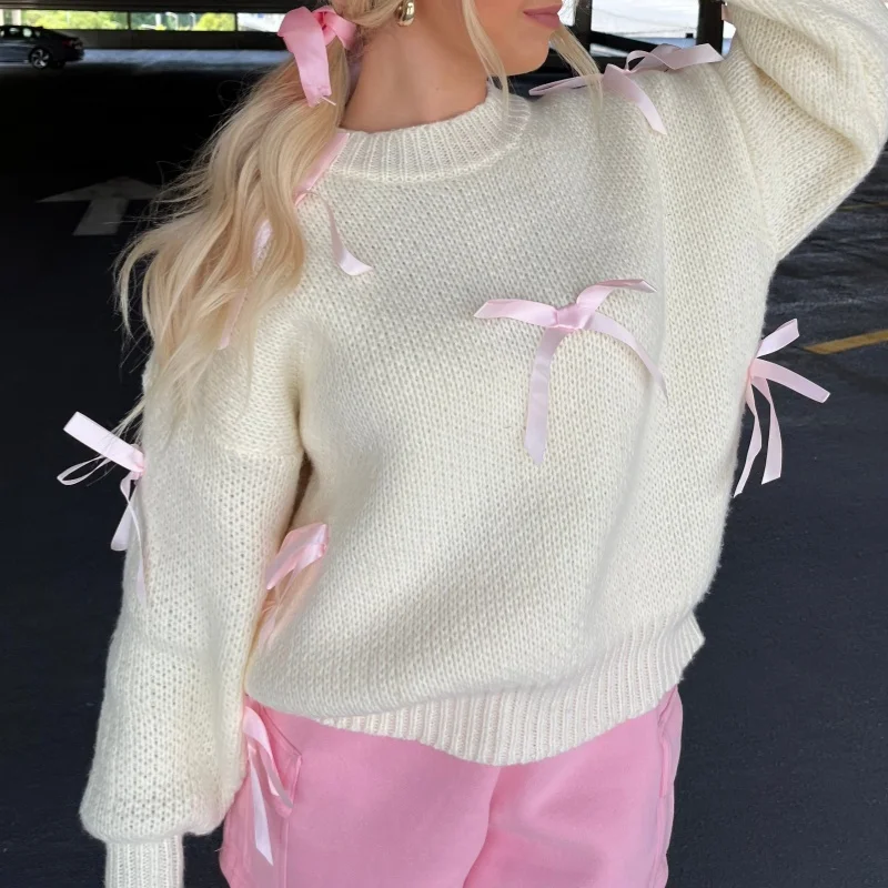 Pink Bowknot Sweet Sweater Y2K Cottage Knitwear Tops in Autumn and Winter Women\'s Elegant Loose Round neck Long Sleeve Pullovers