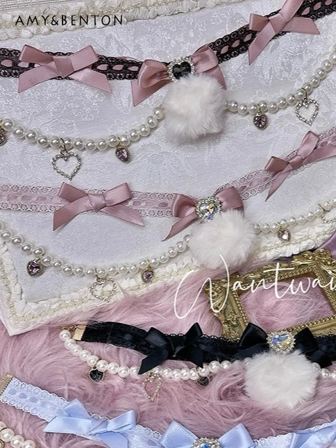 

Original Handmade Mine Series Mass Production Sweet Pearl Necklace Women Bow Love Hairball Pendant Collar Lolita Sweet Choker