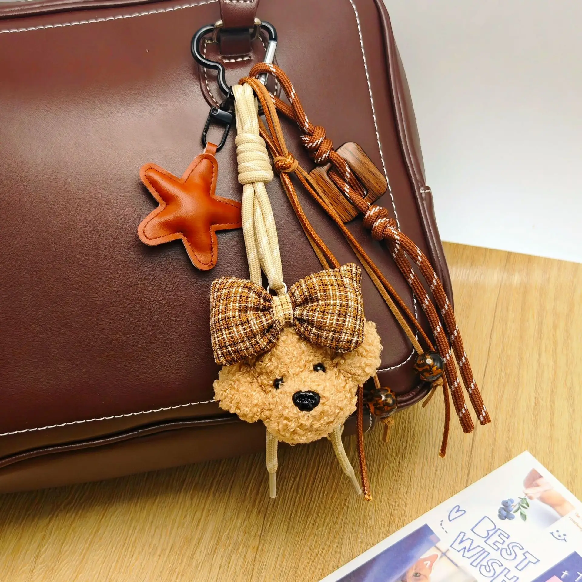 Plush Puppy Bow Keychain Star Beads Woven Rope Cute Kwaii Bag Pendant Accessories Fashion Versatile Phone Chain For Girls Gift