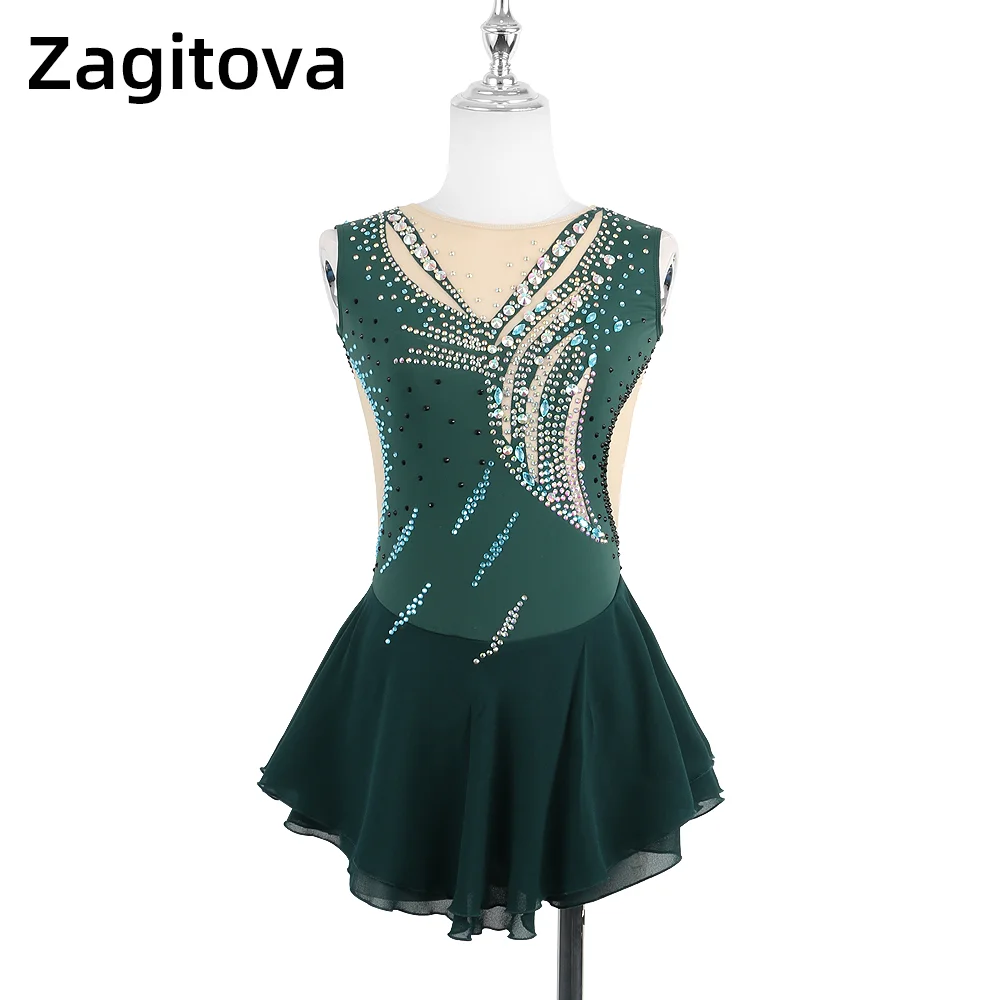 

ZAGITOVA Figure Skating Dress For Women And Girls Sleeveless Ice Skating Clothes Blackish Green Many Shining Stones