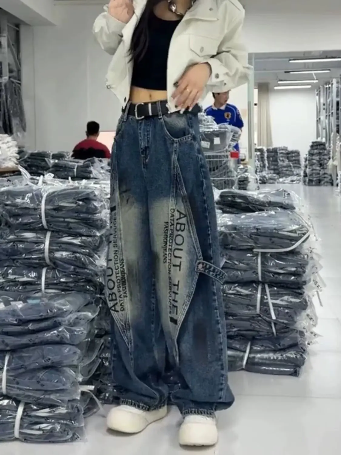 Men's Women's Blue Y2k Cargo Jeans Harajuku Baggy Denim Trousers Vintage Wide Jeans Long Oversize Pants Japanese 2000s Style