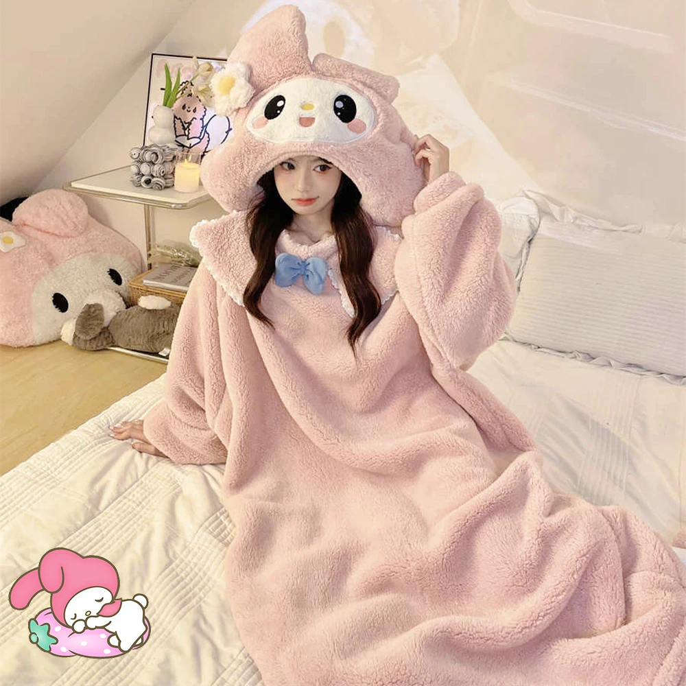 

Kawaii плюшевый ночной халат для девочек My Melody, аниме Hangyodon, утепленная женская ночная рубашка с капюшоном, зимняя теплая домашняя одежда из кораллового флиса, милая