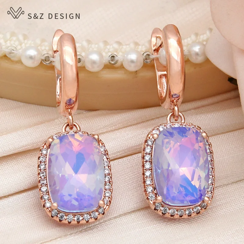 S&Z DESIGN New Fashion Elegant Rectangle Crystal Dangle Earrings For Women Wedding 585 Rose Gold Color Cubic Zirconia Jewelry