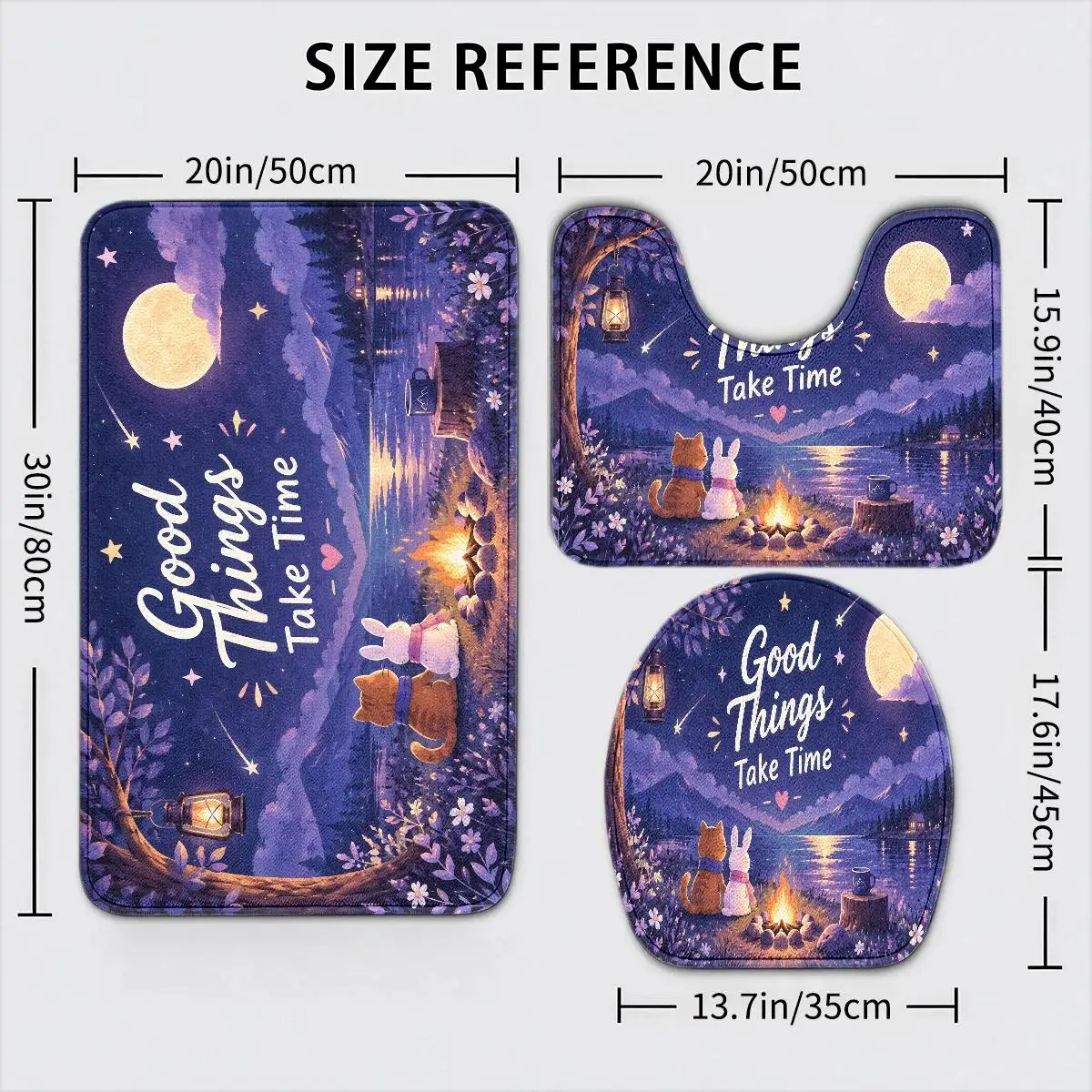 Good Things Take Time Bathroom Mat Set 3 Piece Bath Rugs for Toilet and Tub Decor Cozy Home Bathroom Accessories