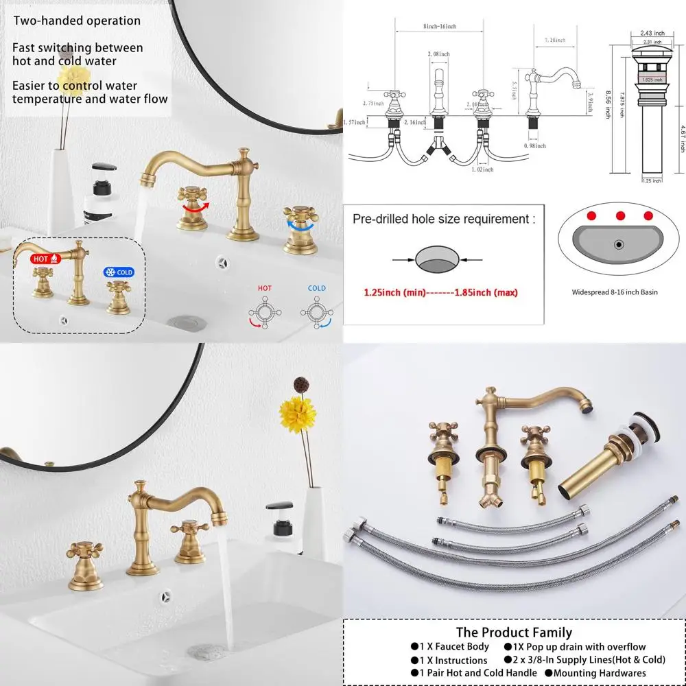

Antique Brass Widespread Sink Faucet with 2 Handles, 3 Holes, Matching Pop-Up Drain, and Overflow for Bathroom Vanity
