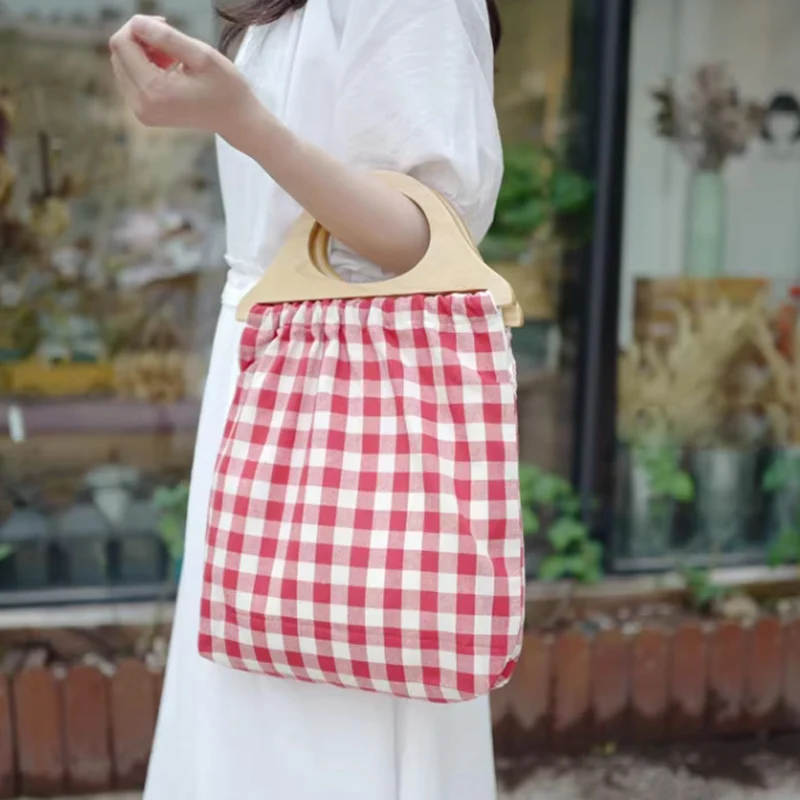 

New Casual Wooden Handle Tote Bag Versatile Checkered Women's Canvas Bag Women handbag