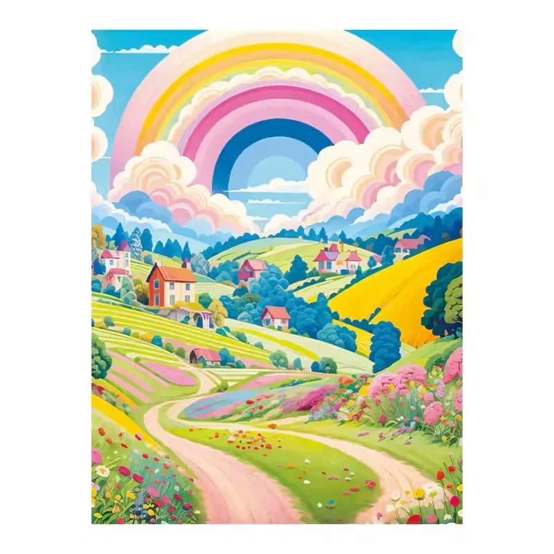 Rainbow Town 11ct Printed Needlework,DIY Living Room Printed Cross Stitch,Sets For Embroidery Kit Full Cotton/Silk Threads