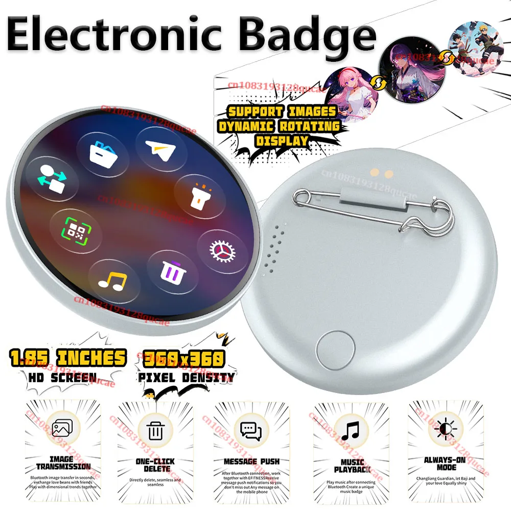 Smart Dynamic E-badge 1.85'' HD 360*360 Screen Electronic Badge Transfer Photos GIFs, Animations, and Videos for Otaku Fans Gift