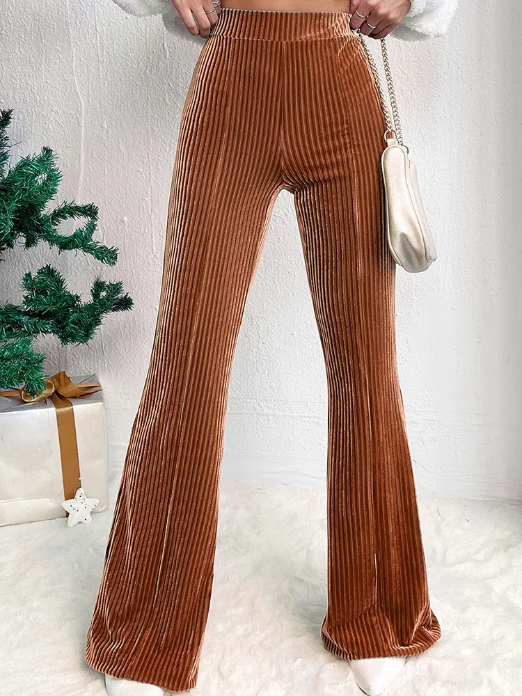 2025 New European and American Women's Fashion, Sexy, Pure Color High-waisted Velvet Corduroy Bell-bottom Pants