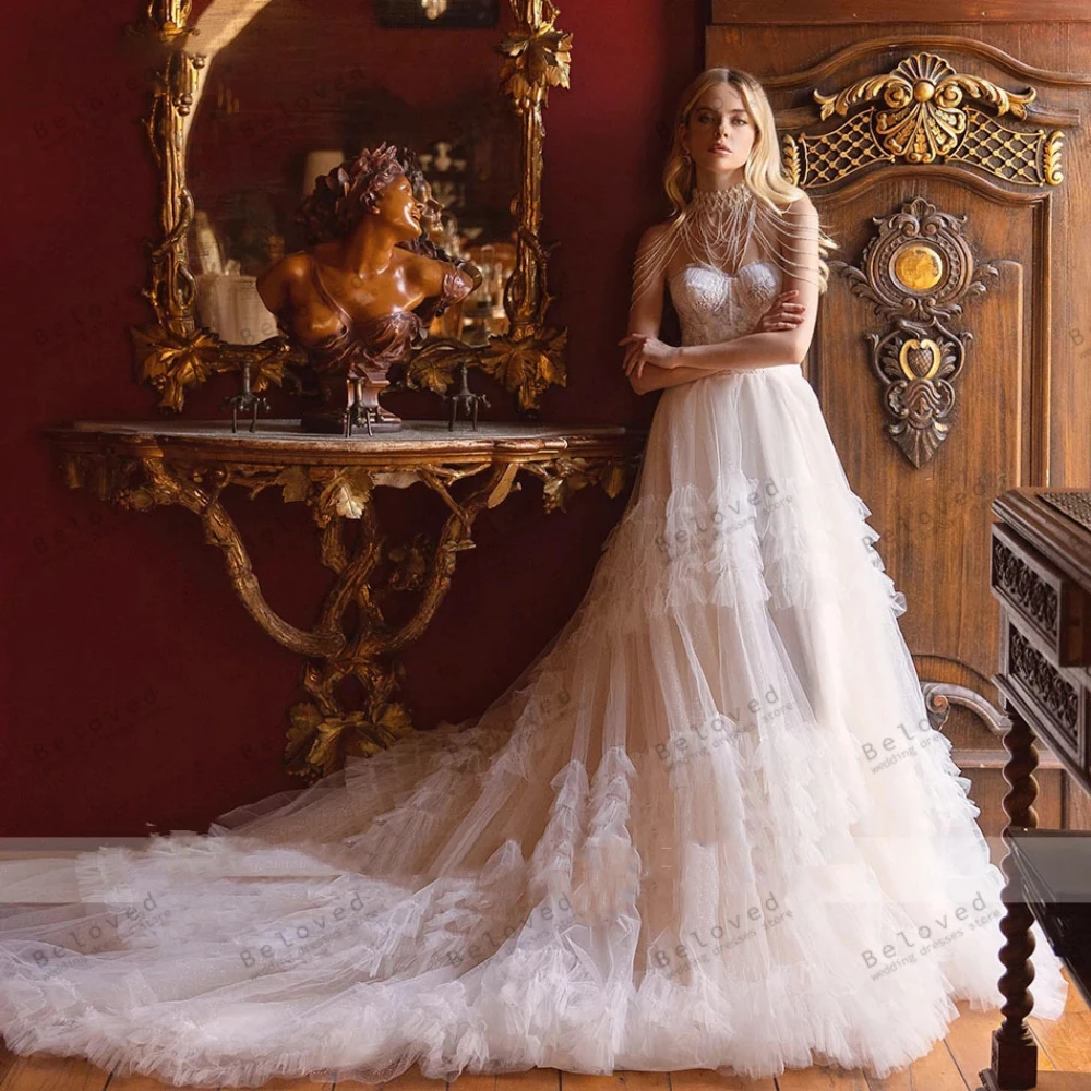 Robe de Mariée Trapèze en Tulle, Magnifique, à Plusieurs Niveaux, pour Patients, Quelle que soit la Dentelle, avec des Appliques, une Traîne, pour une ixFormelle, Éducative