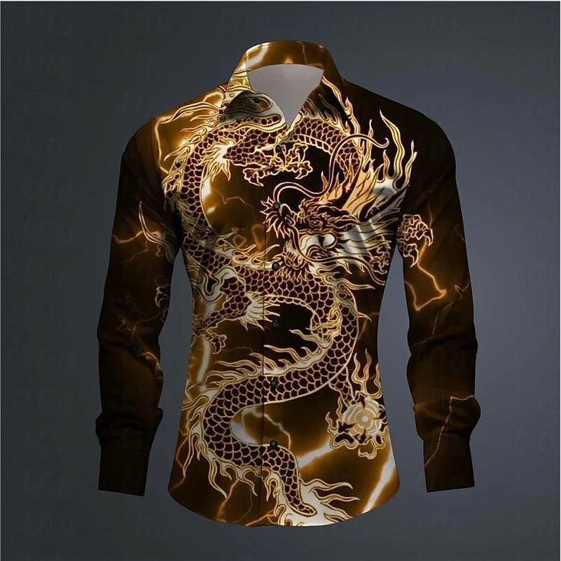 Hawajska męska koszulka z nadrukiem 3D Dragon Print zwijana koszula zapinana na guziki Outdoor Street odzież z długim rękawem moda na co dzień w stylu plażowym