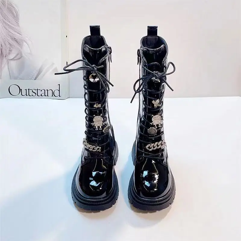 Girls\' High Boot New Princess Rhinestone Side Zipper Long Boot 2024 Autumn/Winter Children\'s Black Versatile Fashion Boot