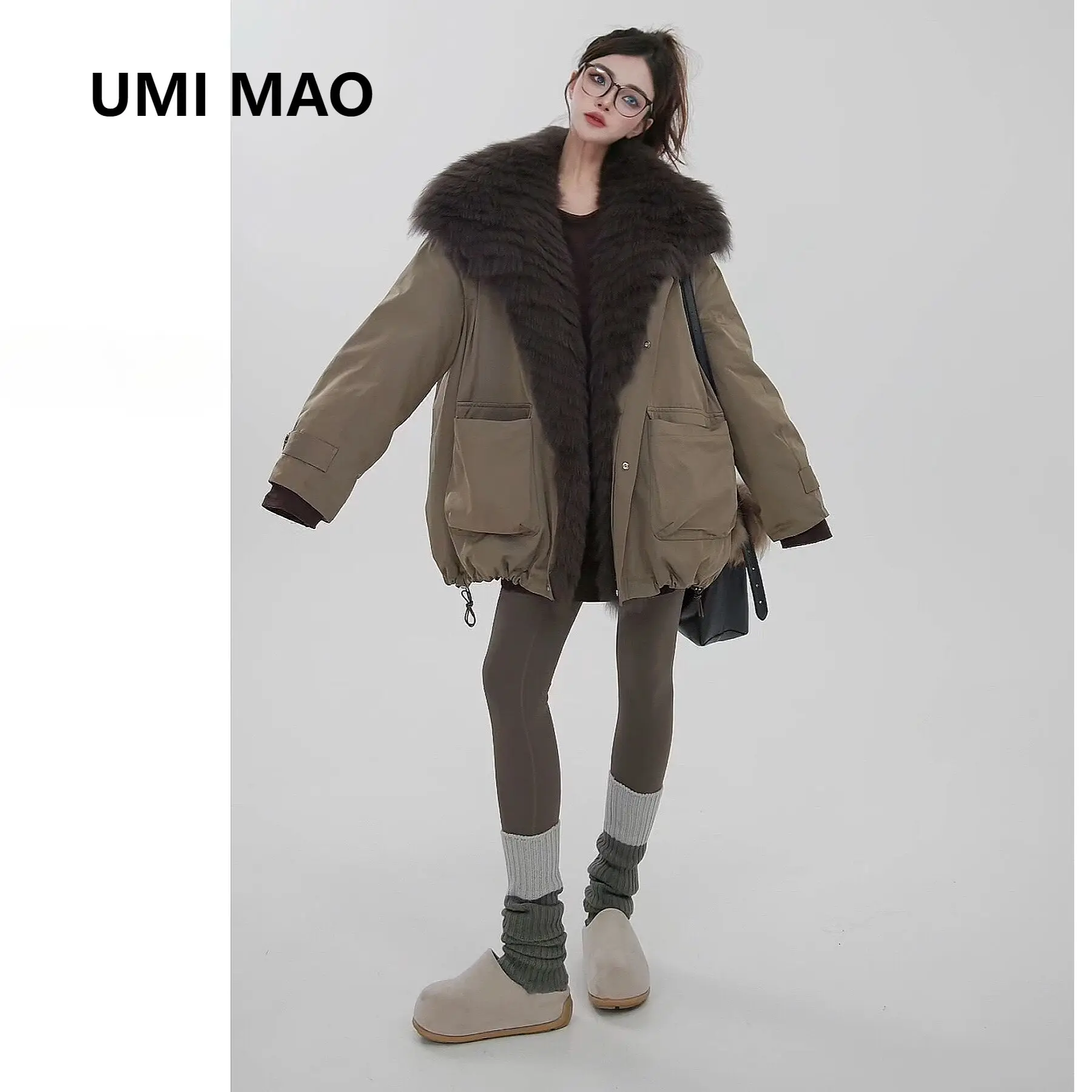 UMI MAO سترة الشتاء الجديدة المتضخم الثعلب الفراء الحقيقي طوق أوزة أسفل الفراء منتصف طول معطف سترة دافئة فام Y2K