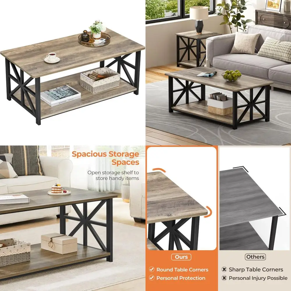 Mesa de centro de salón estilo granja con esquinas redondas y estante de almacenamiento, 39 pulgadas
