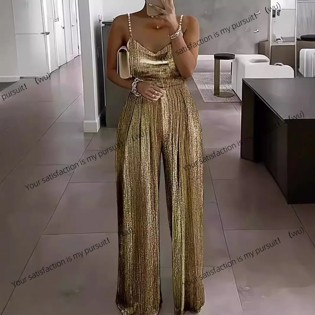 Pakaian wanita baru musim semi dan musim panas, celana lebar, gaun berpinggang, jumpsuit elegan dengan tali dan manik-manik