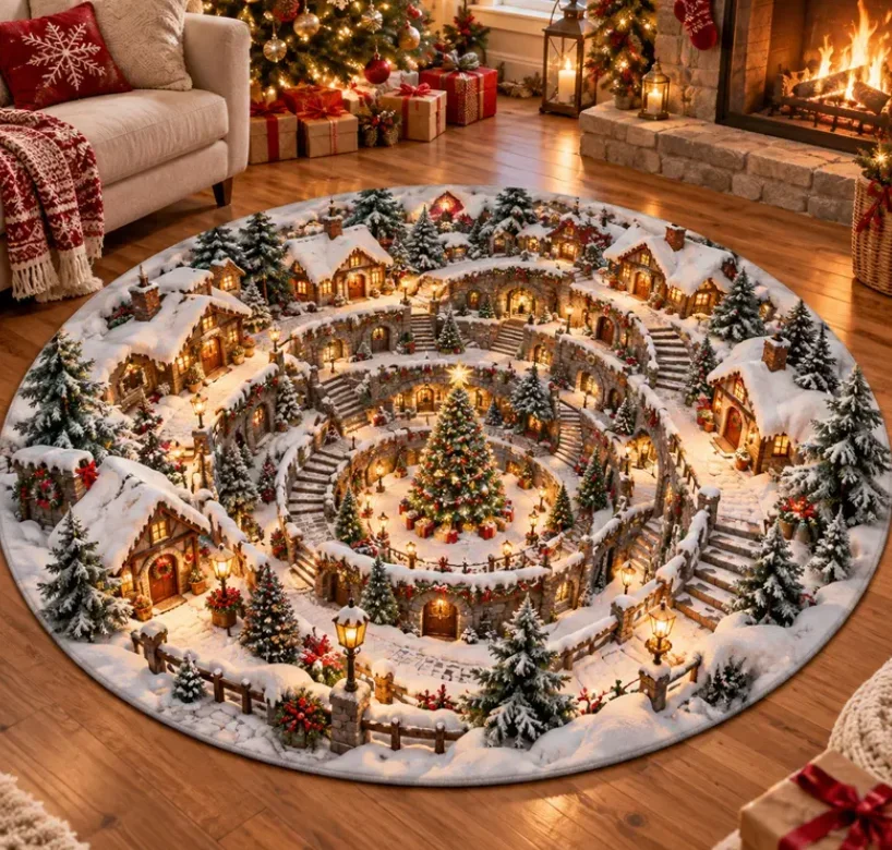 2D Christmas Village Round Rug, Winter Wonderland Optical Illusion Floor Mat, Cozy Holiday Home Decor