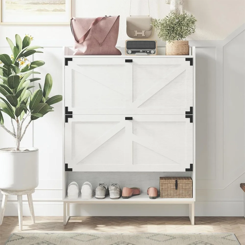 

Шкаф для обуви в фермерском доме для прихожей, тонкий скрытый шкаф для хранения обуви с двумя откидными ящиками, отдельно стоящий шкаф-органайзер для обуви с