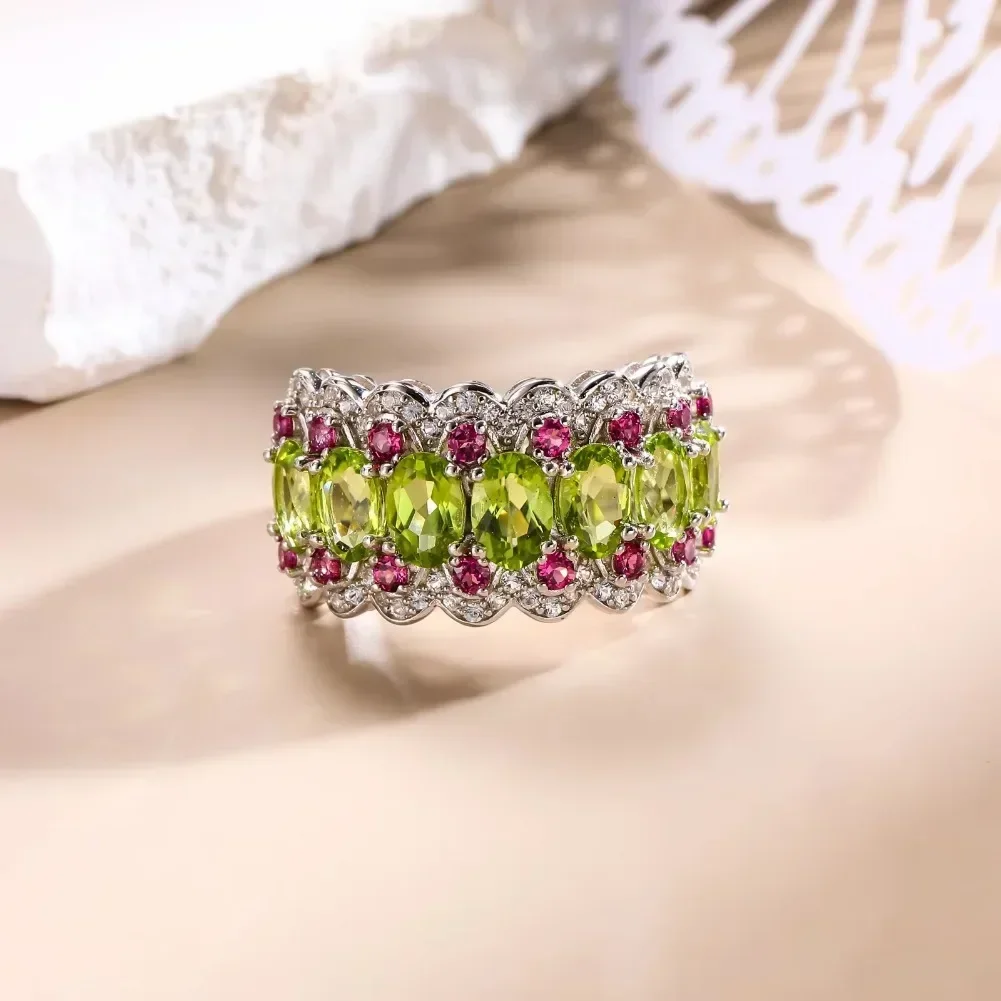 GZ ZONGFA Natural Peridot Rhodolite Jewelry Gemstone 925 Sterling Silve Chunky Finger Womens Ring For Women Birthday Gifts