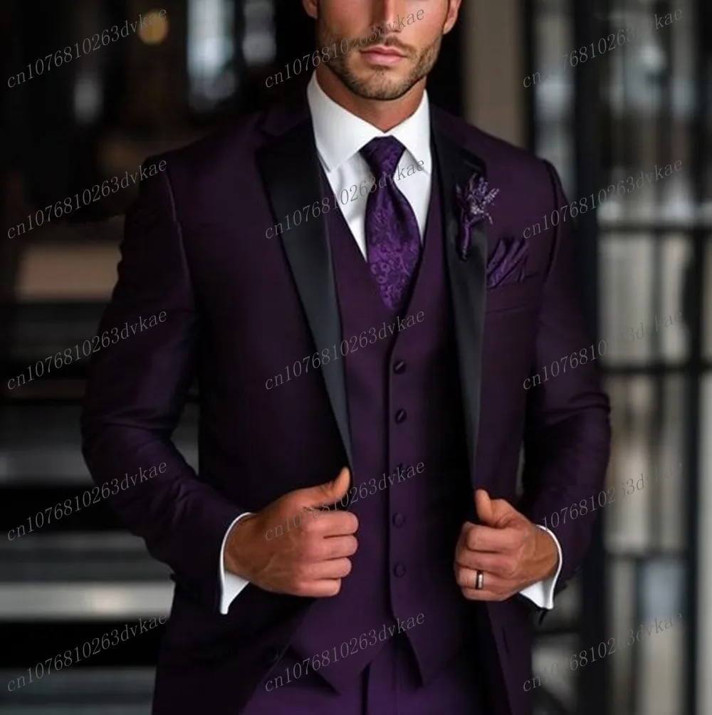 Black Lapel Dark Purple Formal Business Men Suit Groom Groomsman Wedding Party Prom Male Tuxedos 3 Piece Set Blazer Vest Pants