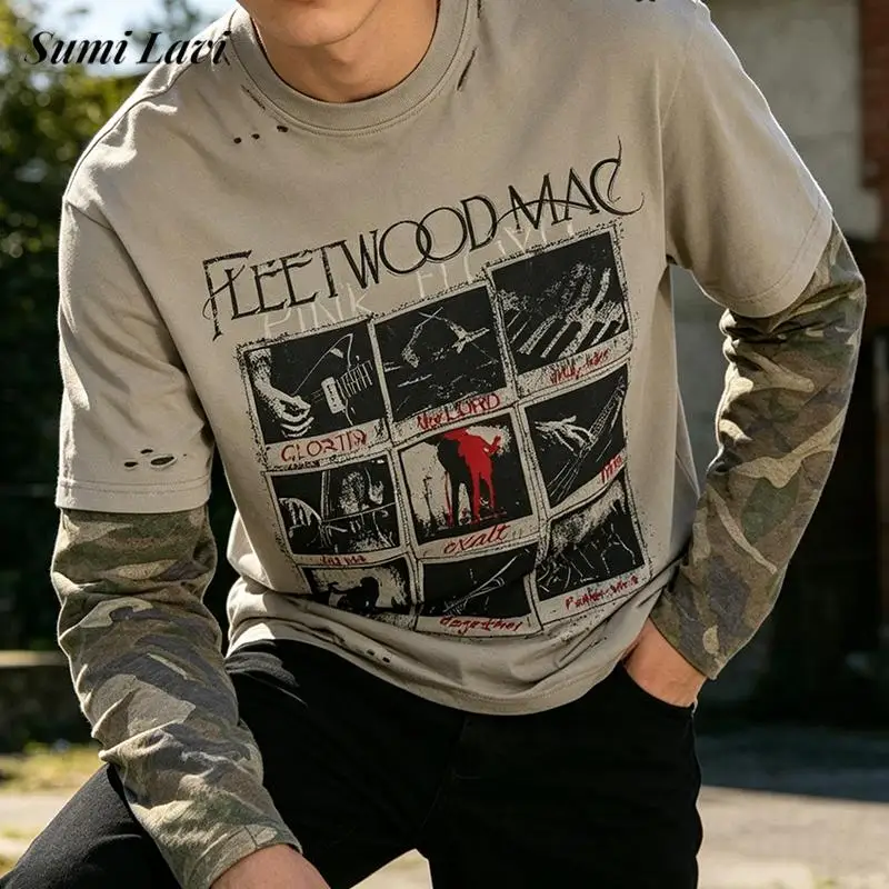 

Fashionable Mens Long Sleeve Camouflage Tees Streetwear Vintage Pattern Printed T Shirt Men Casual Loose Crew Neck Pullover Tops