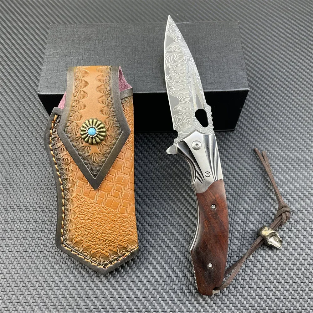 

Damascus Outdoor Folding Pocket Knife Collectible Rosewood Handle Camping Hunting Knives Tactical Survival EDC Tools Man Gifts