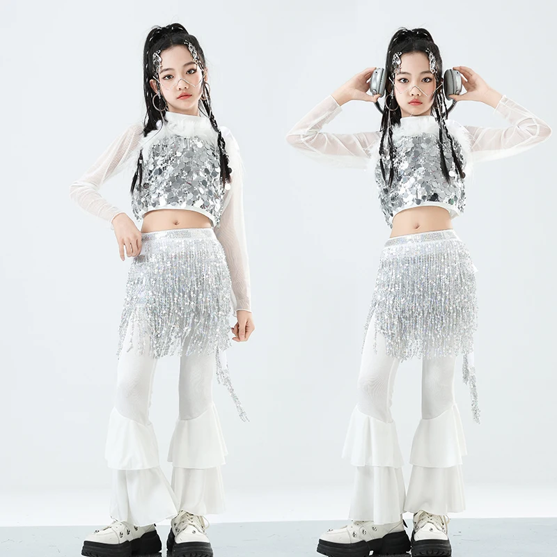 Mädchen K-pop Silber Pailletten Mesh Crop Top Street Dance Hosen Kinder Hip Hop Shiny Streetwear Kinder Jazz Mädchen Gruppe kleidung Sets
